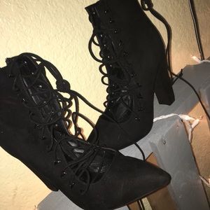 All black wrap around heels